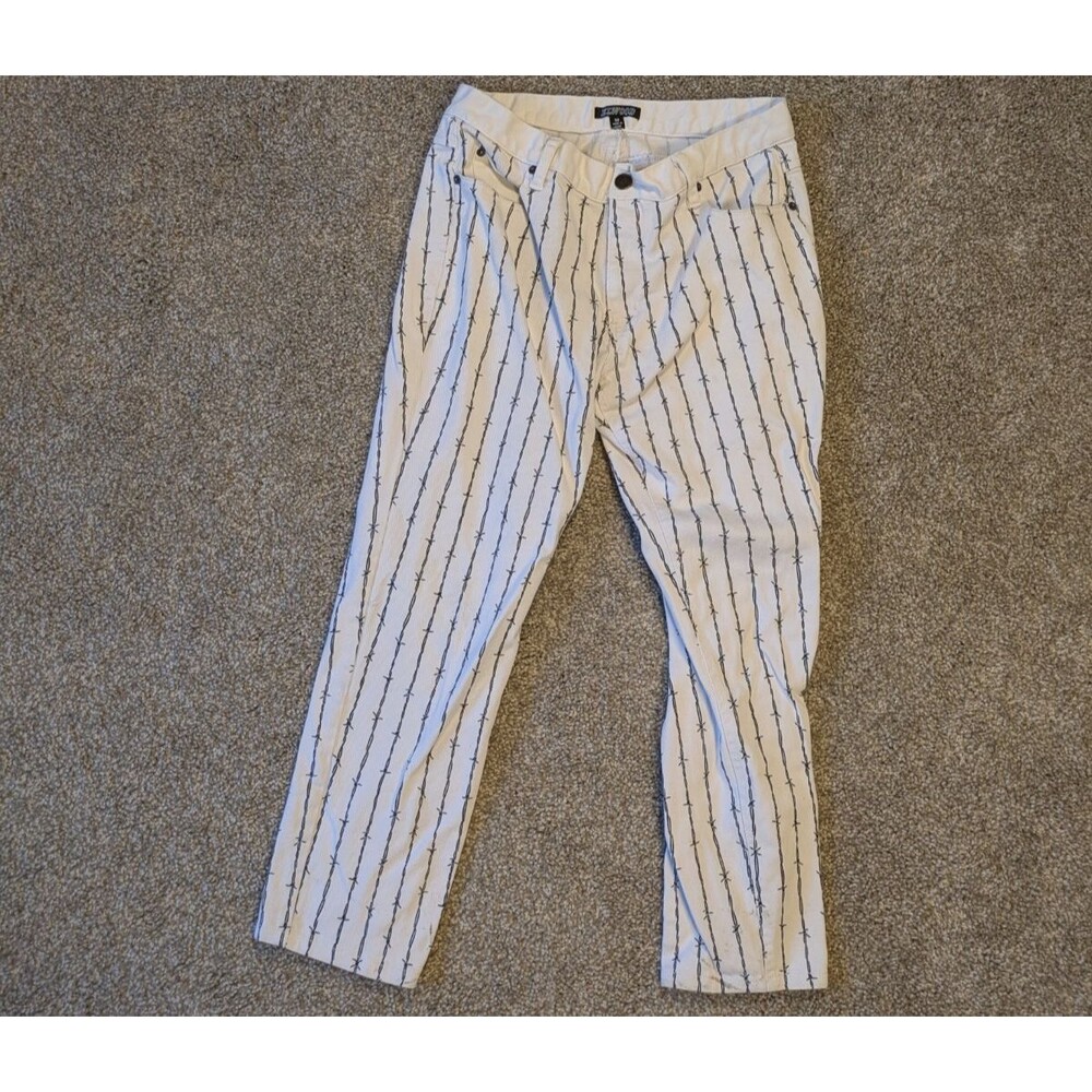 Elwood White Pants Jeans Black Striped Chains Barbed Wire & Flap Pockets Mens 32